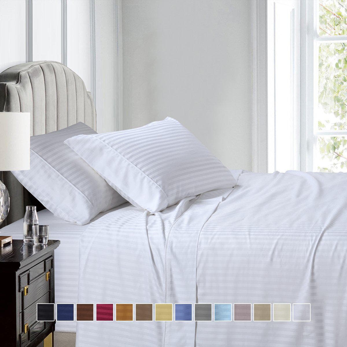 Luxury Split King Adjustable Bed Sheets 100% Cotton 600 Thread Count Damask Striped