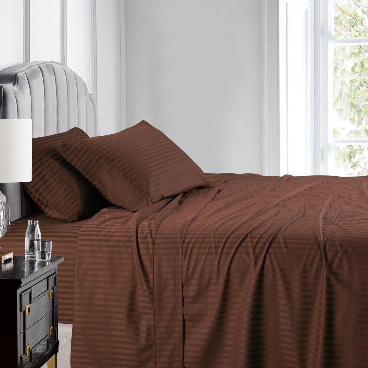 Luxury Split King Adjustable Bed Sheets 100% Cotton 600 Thread Count Damask Striped