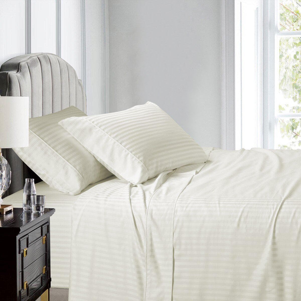 Luxury Split King Adjustable Bed Sheets 100% Cotton 600 Thread Count Damask Striped