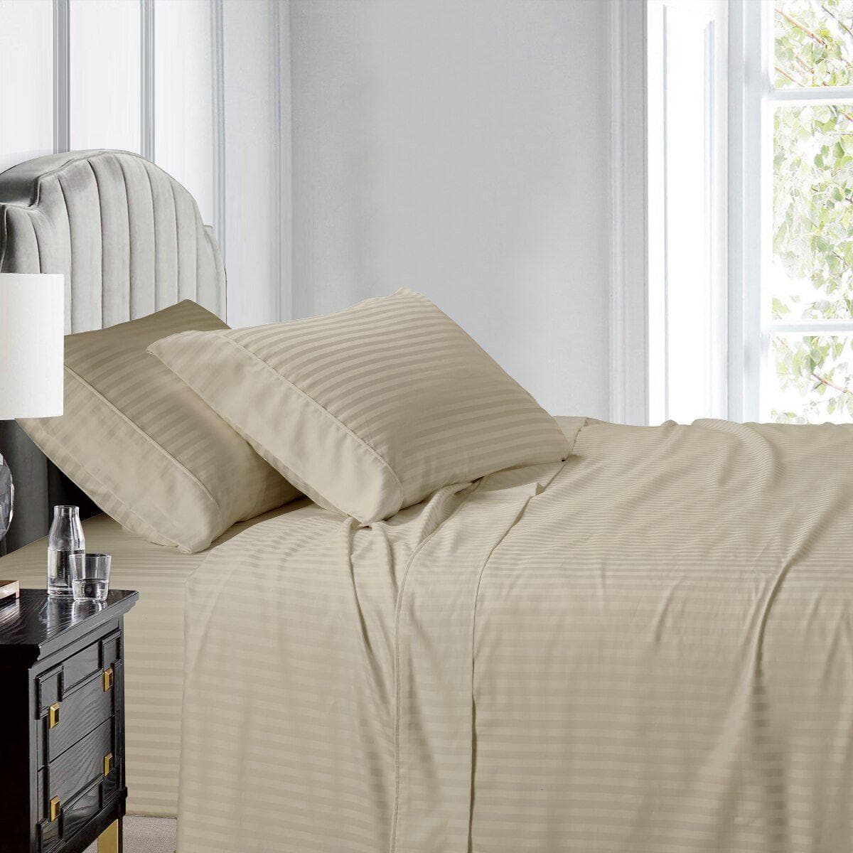 Luxury Split King Adjustable Bed Sheets 100% Cotton 600 Thread Count Damask Striped