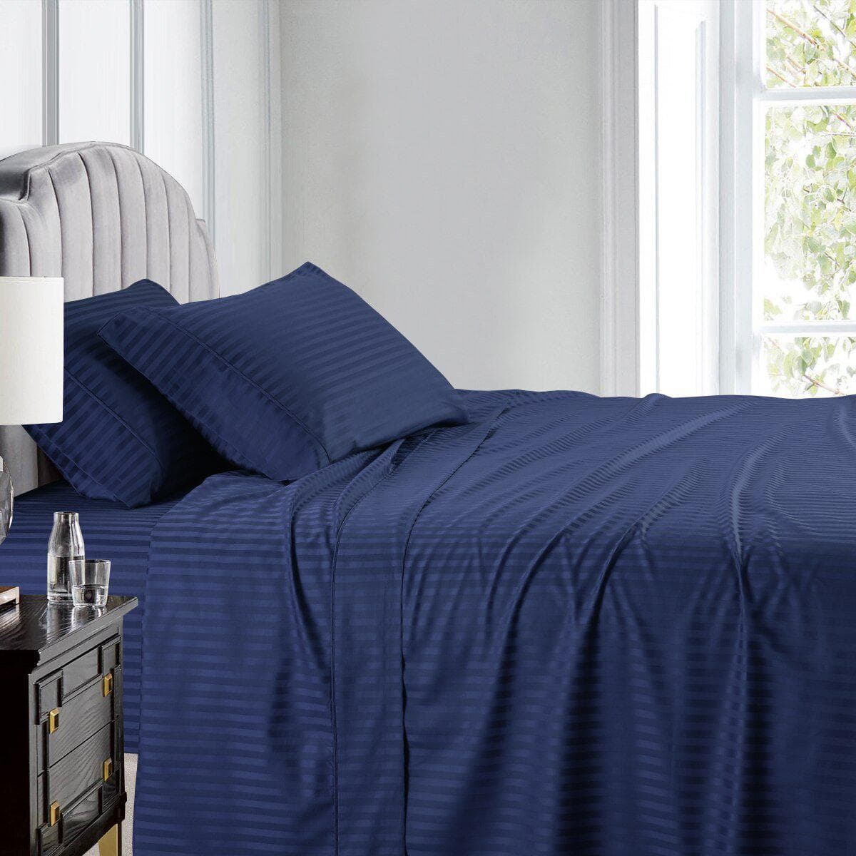 Luxury Split King Adjustable Bed Sheets 100% Cotton 600 Thread Count Damask Striped