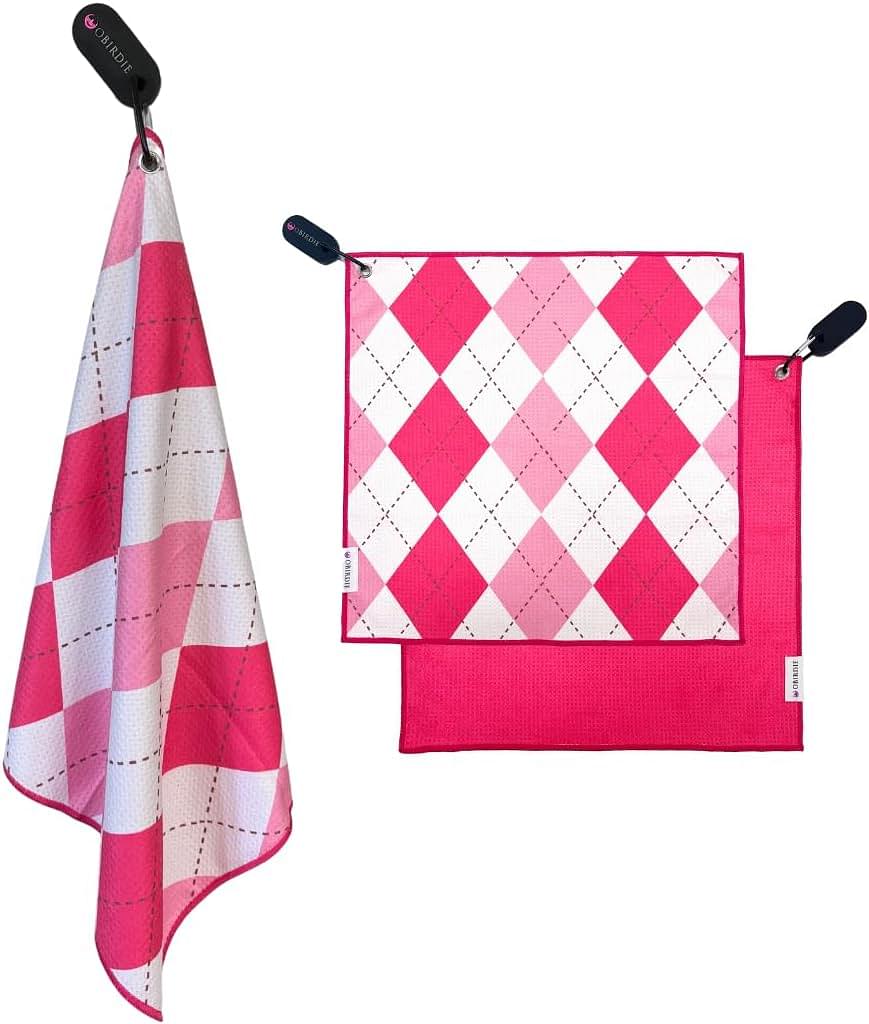 Magnetic Golf Towel | 18 x 18 in. Golf Towels for Golf Bags | Waffle Microfiber Golf Towels with Detachable Clip | Womens Golf Towel Fun Designs | Must Have Golf Accessories for Women | Pink Argyle