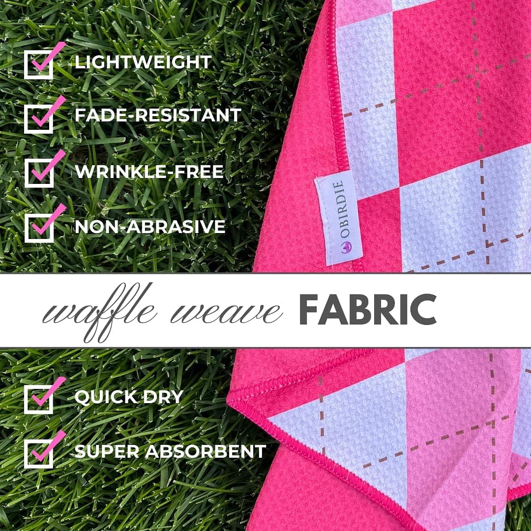 Magnetic Golf Towel | 18 x 18 in. Golf Towels for Golf Bags | Waffle Microfiber Golf Towels with Detachable Clip | Womens Golf Towel Fun Designs | Must Have Golf Accessories for Women | Pink Argyle