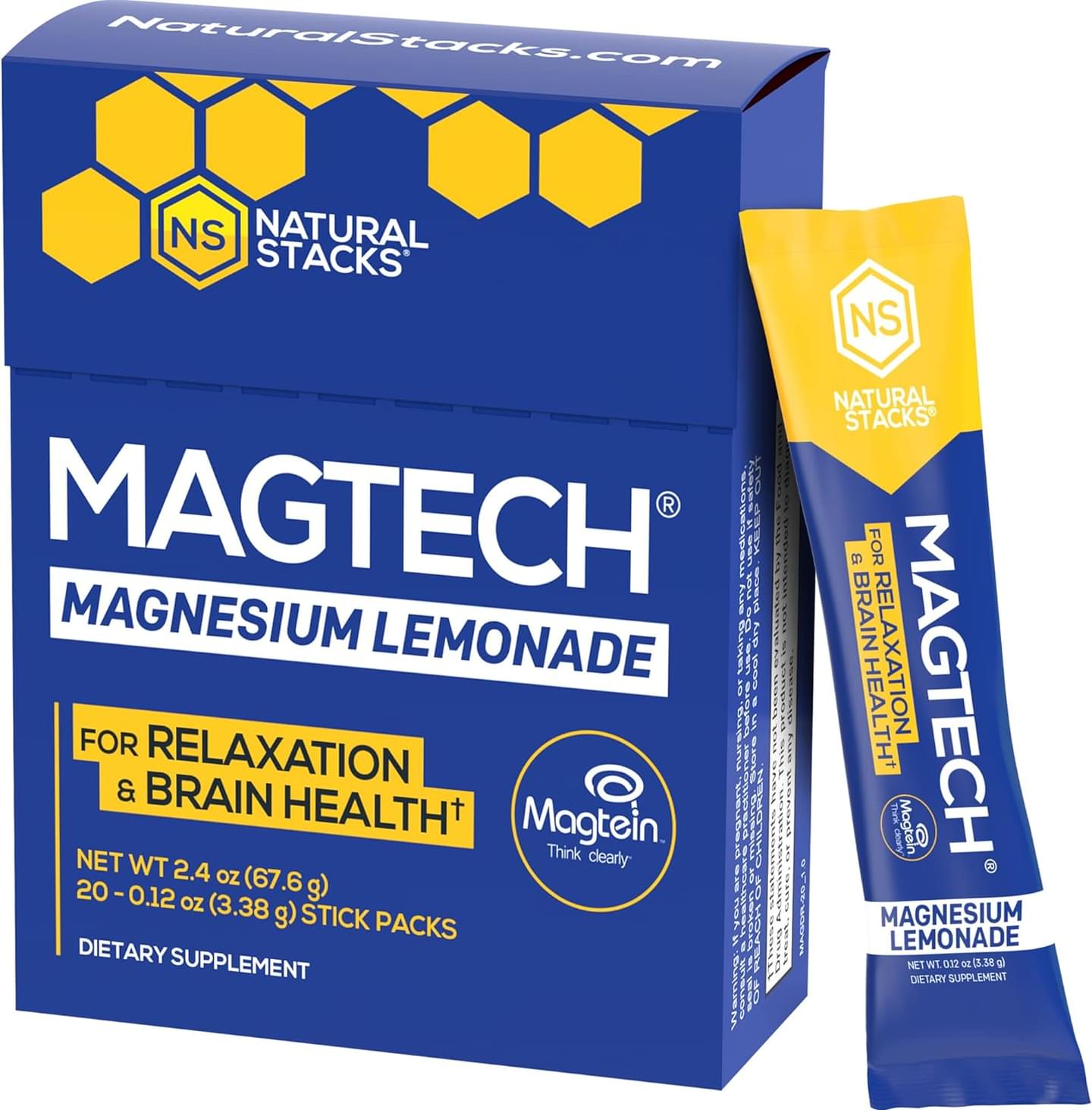 MagTech Magnesium Lemonade Drink Mix - Chelated Magnesium Complex - 3 Forms of Magnesium: Magtein Magnesium L-Threonate, Glycinate & Taurate - Supports Relaxation & Brain Health, 20 Stick Packs Drink Mix 20 Count (Pack of 1)