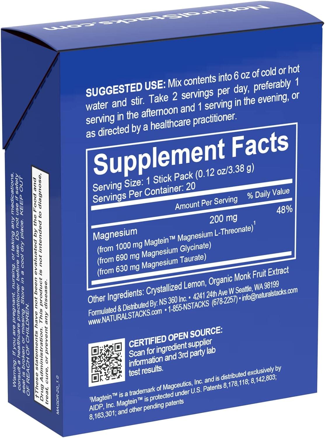 MagTech Magnesium Lemonade Drink Mix - Chelated Magnesium Complex - 3 Forms of Magnesium: Magtein Magnesium L-Threonate, Glycinate & Taurate - Supports Relaxation & Brain Health, 20 Stick Packs Drink Mix 20 Count (Pack of 1)