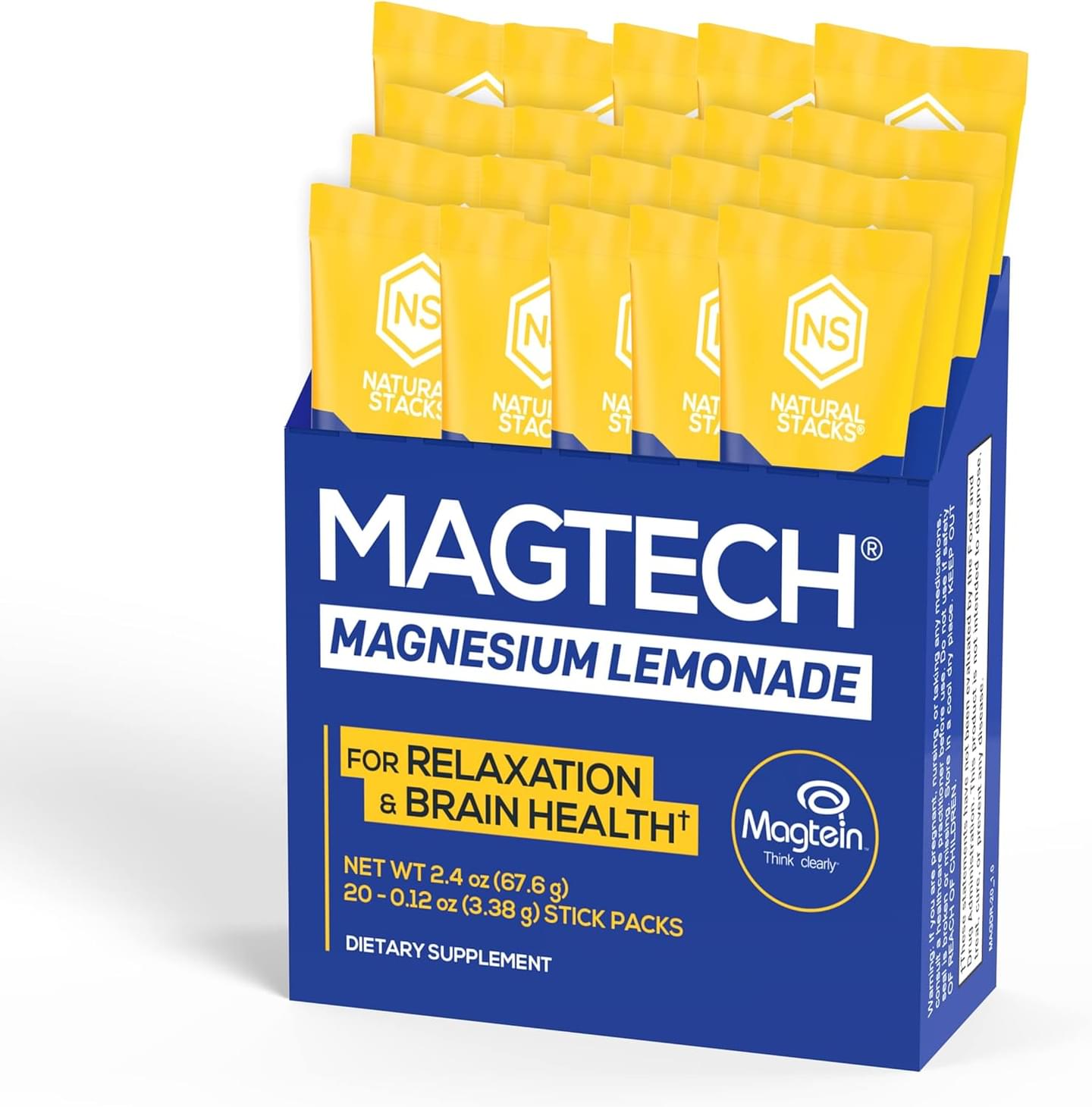 MagTech Magnesium Lemonade Drink Mix - Chelated Magnesium Complex - 3 Forms of Magnesium: Magtein Magnesium L-Threonate, Glycinate & Taurate - Supports Relaxation & Brain Health, 20 Stick Packs Drink Mix 20 Count (Pack of 1)
