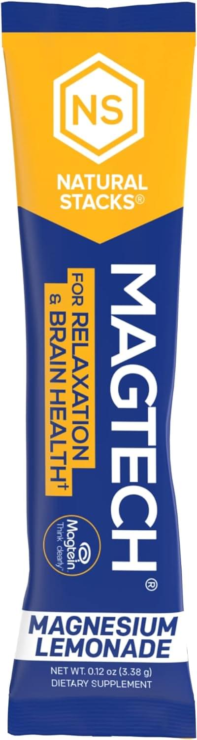 MagTech Magnesium Lemonade Drink Mix - Chelated Magnesium Complex - 3 Forms of Magnesium: Magtein Magnesium L-Threonate, Glycinate & Taurate - Supports Relaxation & Brain Health, 20 Stick Packs Drink Mix 20 Count (Pack of 1)