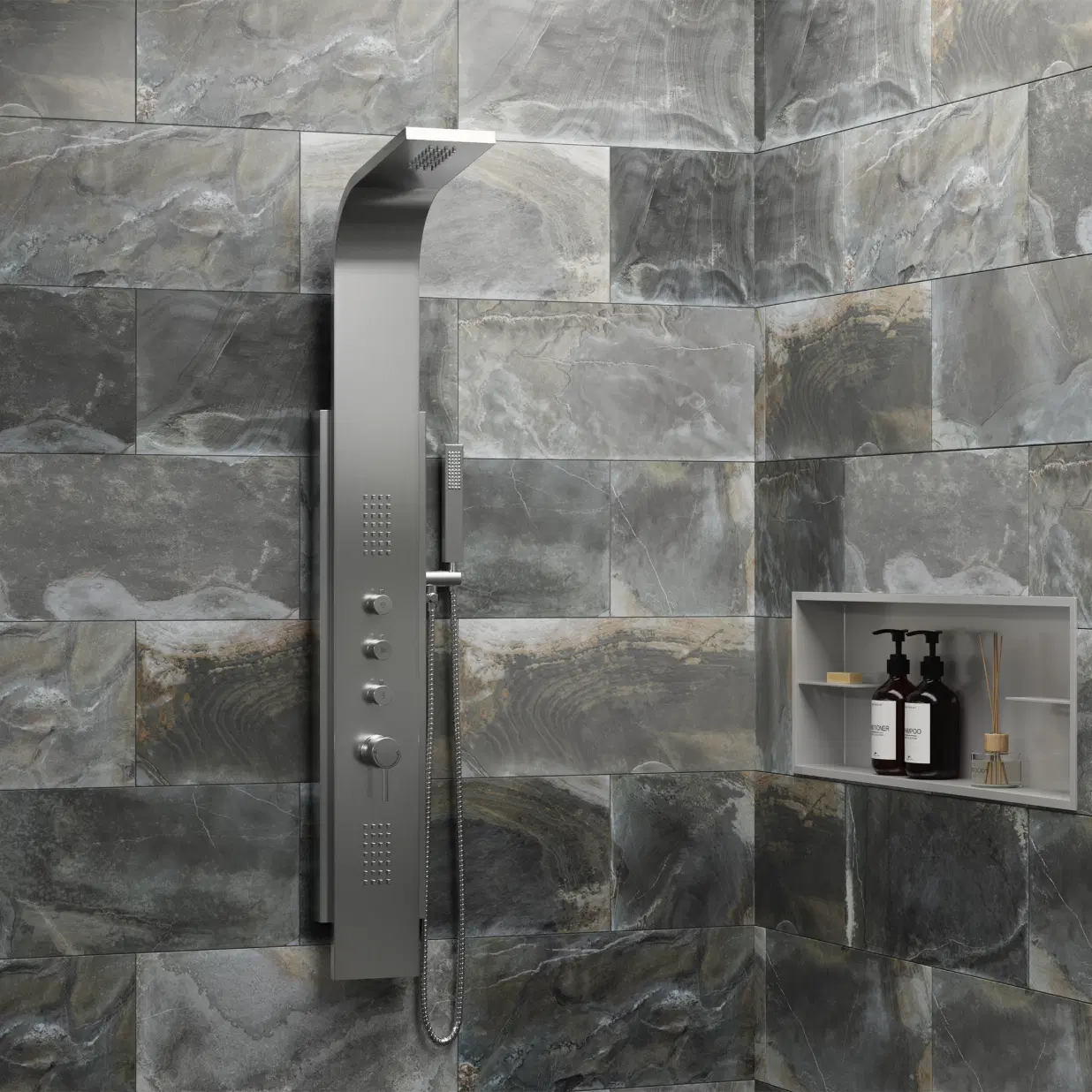 Malibu 7-in Rain Showerhead ShowerSpa with 2-Oversized Body Jets and Handshower Brushed Stainless Steel