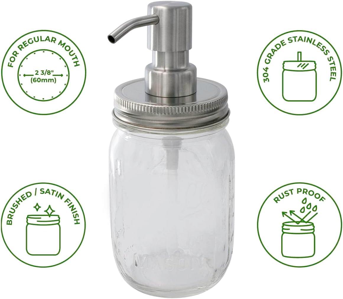 Mason Jar Lifestyle Satin/Brushed #5 Stainless Steel Soap Pump Lid | Hand Soap Pump Top/Lotion Dispenser Pump Replacement Lids for Mason Jars (Regular Mouth) Regular Mouth Lid Kit