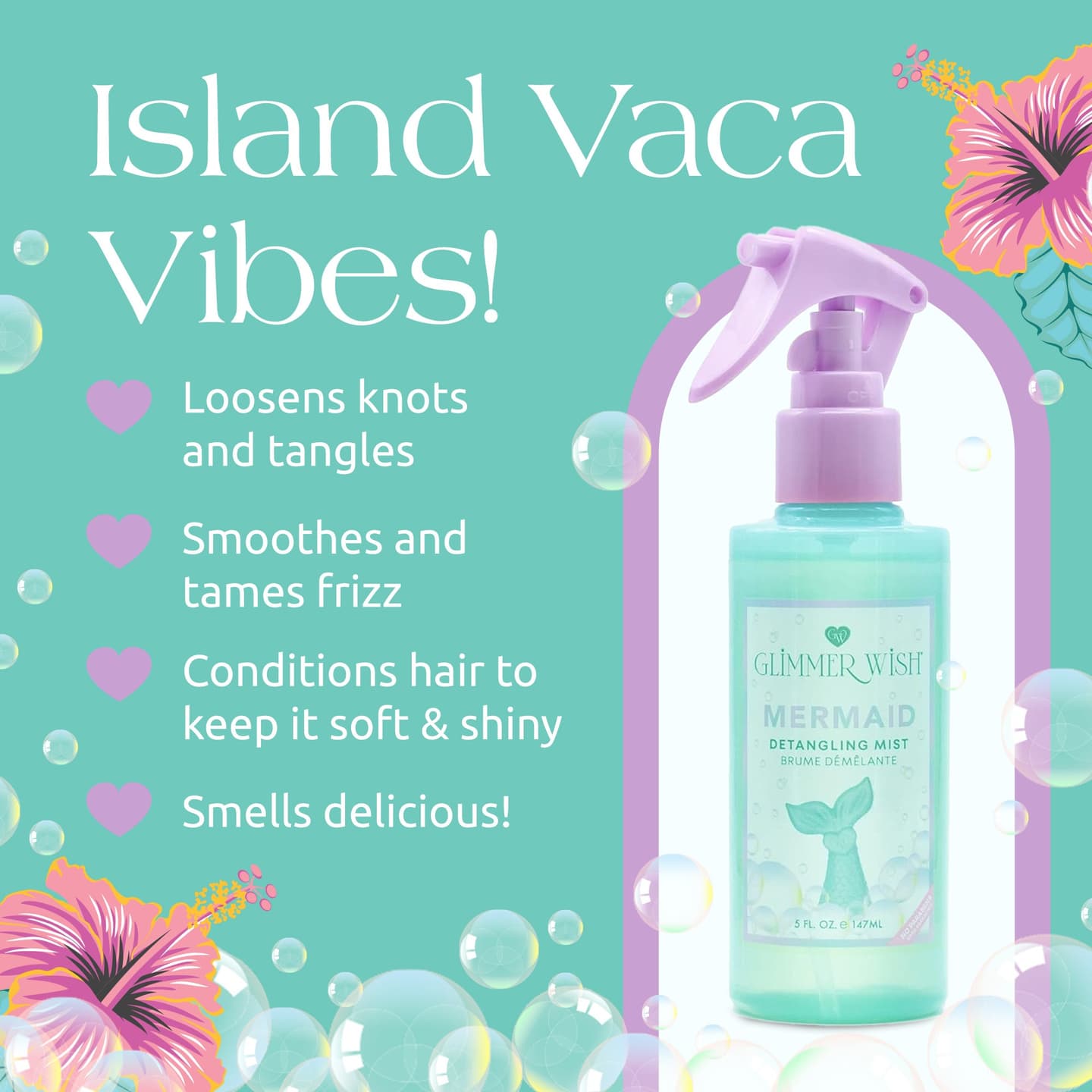 Mermaid Hair Detangling Mist - Tropical Beach Scent - Lightweight Leave-In Conditioner Spray for Smooth, Tangle-Free and Hydrated Hair