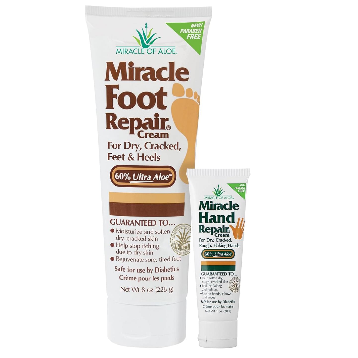 Miracle Foot Repair Cream, 8 oz + 1 oz Miracle Hand Repair, Healing Aloe Vera Lotions for Dry, Cracked Hands and Feet, Diabetic-Safe, Moisturizes, Softens, and Repairs