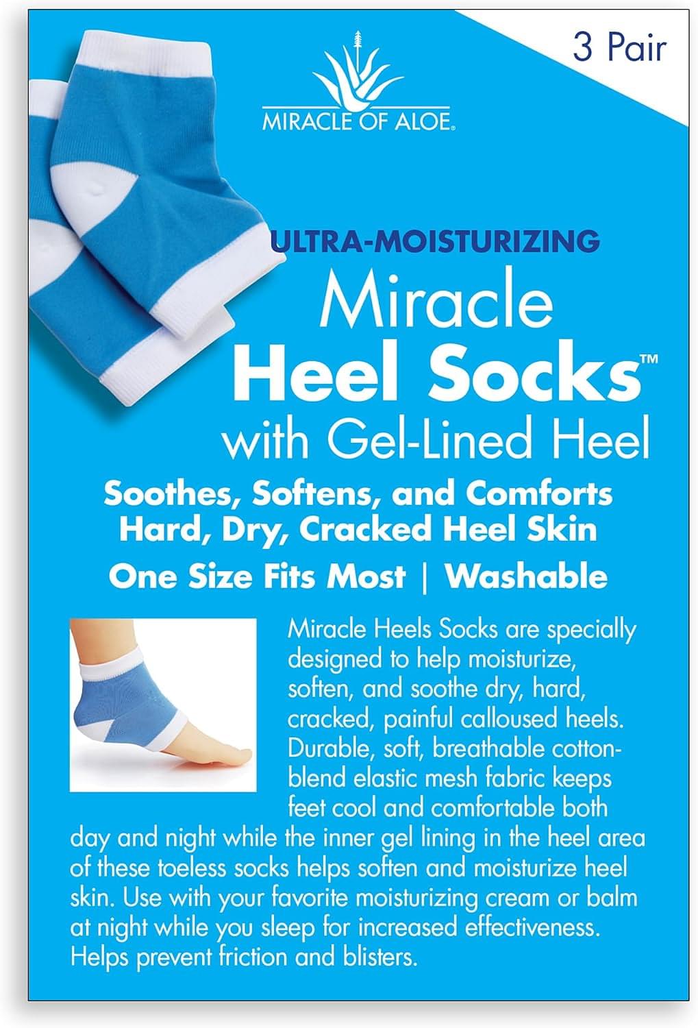 Miracle Heel Socks Helps Moisturize & Relieve Hard Heels, 3-Pair, Double-Knit Breathable Cotton, Washable, Adult One Size Fits All, Silicone Gel Infused