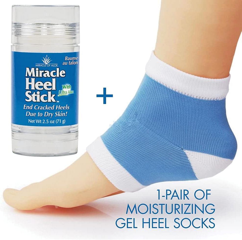 Miracle of Aloe, Miracle Heel Stick - Gel Socks Combo with UltraAloe, 2.5 ounce Stick and Silicone Moisturizing Gel Heel Socks Heel Stick and Heel Socks