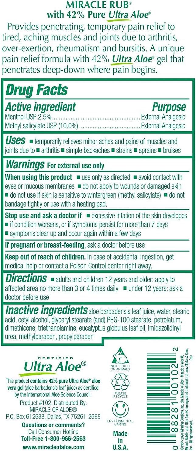 Miracle of Aloe Miracle Rub Pain Relieving Cream 8 oz, Fast & Effective Relief for Arthritis, Muscle, and Joint Pain - Maximum Strength UltraAloe Formula, Topical Analgesic (2-Pack) 8 Ounce (Pack of 2) Pack of 2