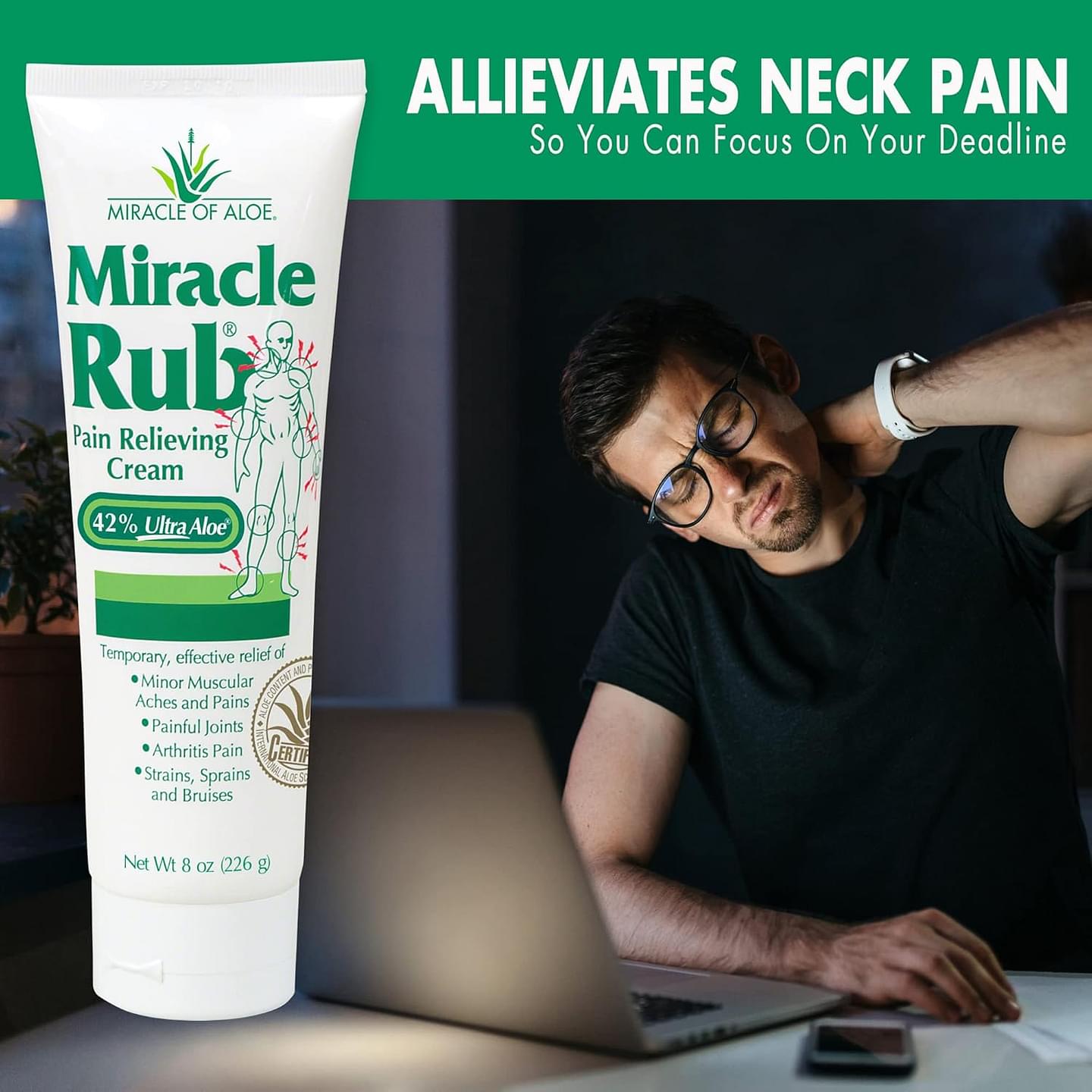 Miracle of Aloe Miracle Rub Pain Relieving Cream 8 oz, Fast & Effective Relief for Arthritis, Muscle, and Joint Pain - Maximum Strength UltraAloe Formula, Topical Analgesic (2-Pack) 8 Ounce (Pack of 2) Pack of 2