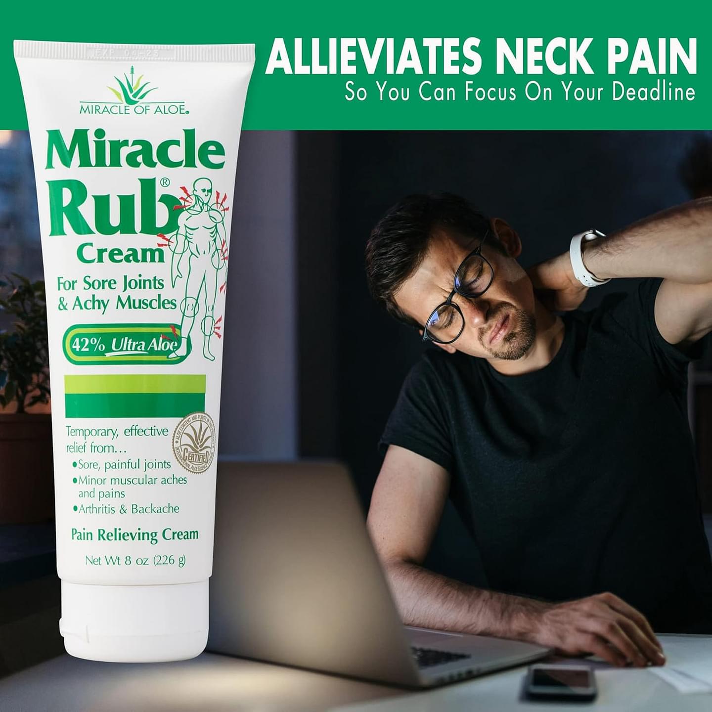 Miracle of Aloe Miracle Rub Pain Relieving Cream 8 oz, Fast & Effective Relief for Arthritis, Muscle, and Joint Pain - Maximum Strength UltraAloe Formula, Topical Analgesic 8 Ounce (Pack of 1) Pack of 1