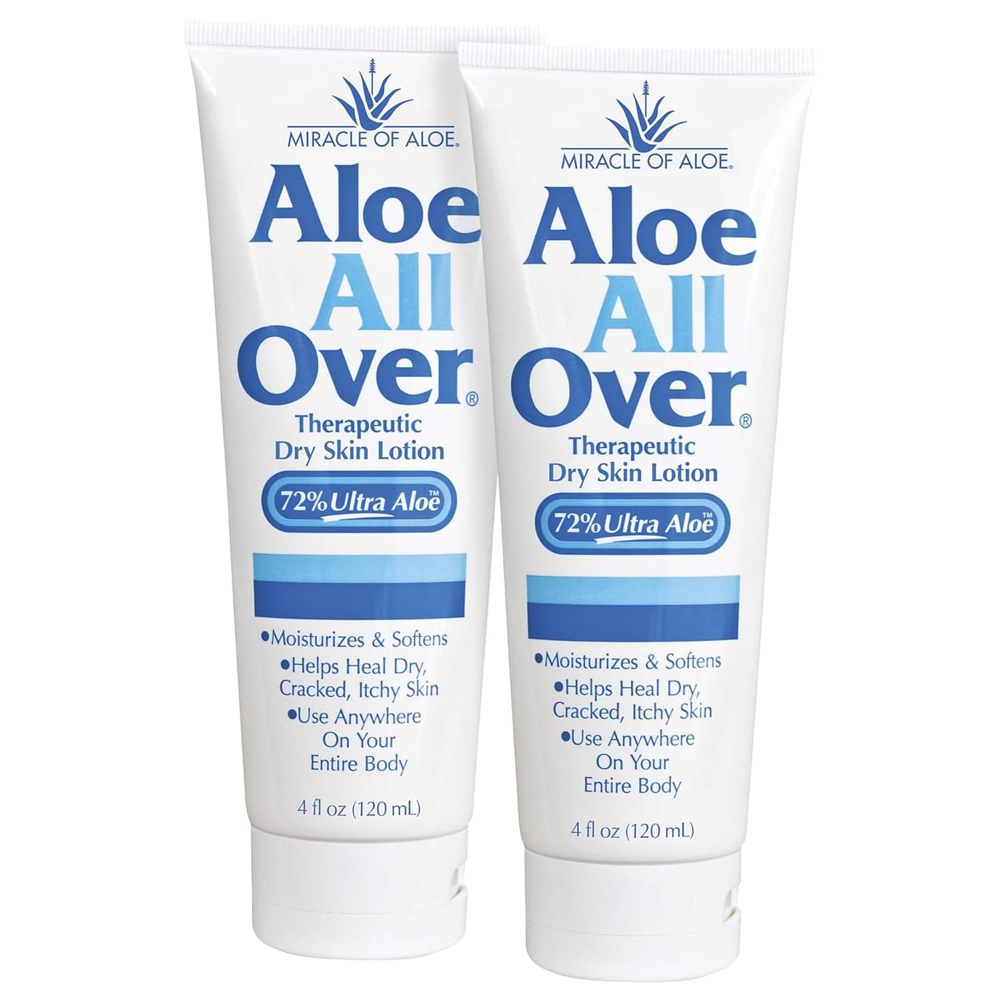 Miracle of Aloe’s Aloe All Over Super Moisturizing Dry Skin Lotion (2-Pack, 4 oz) - Made with 72% UltraAloe Aloe Vera Gel. Safe for Everyone: Men, Women, Kids. Ends Flaking and Restores Dry Skin Fast 4 Fl Oz (Pack of 2)