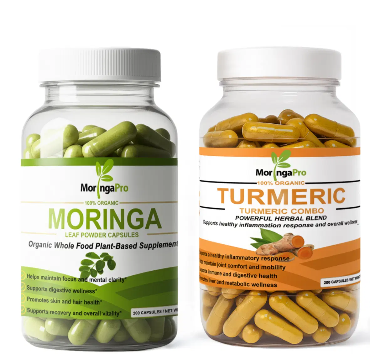Moringa Pro - Organic moringa oleifera (200 unidades) + Organic Turmeric (200 unidades)