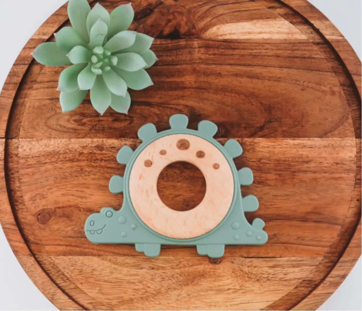 Natural Silicone & Wood Baby Teether Toy (Dinosaur) – Eco-Friendly, Non-Toxic, BPA-Free