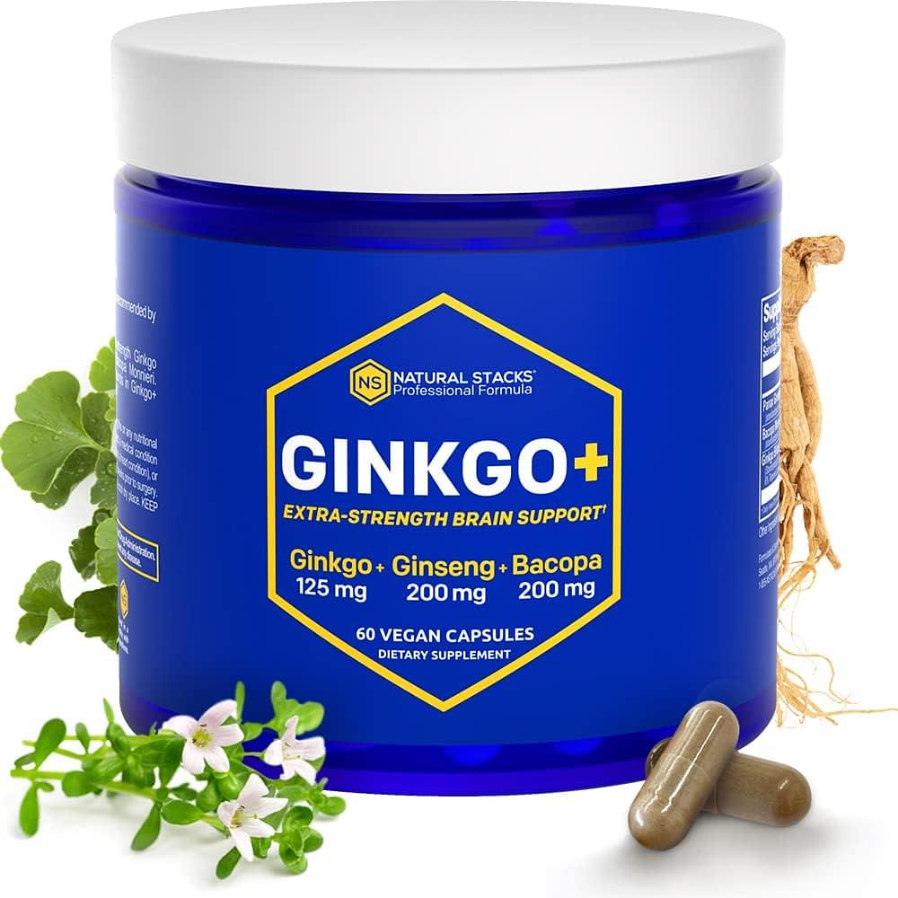 NATURAL STACKS Ginkgo Biloba Supplements w/Panax Ginseng and Bacopa Monnieri - Focus Supplement for Mental Performance, Brain Supplements for Adults, 60 Ginkgo Biloba Capsules 60 Count (Pack of 1)