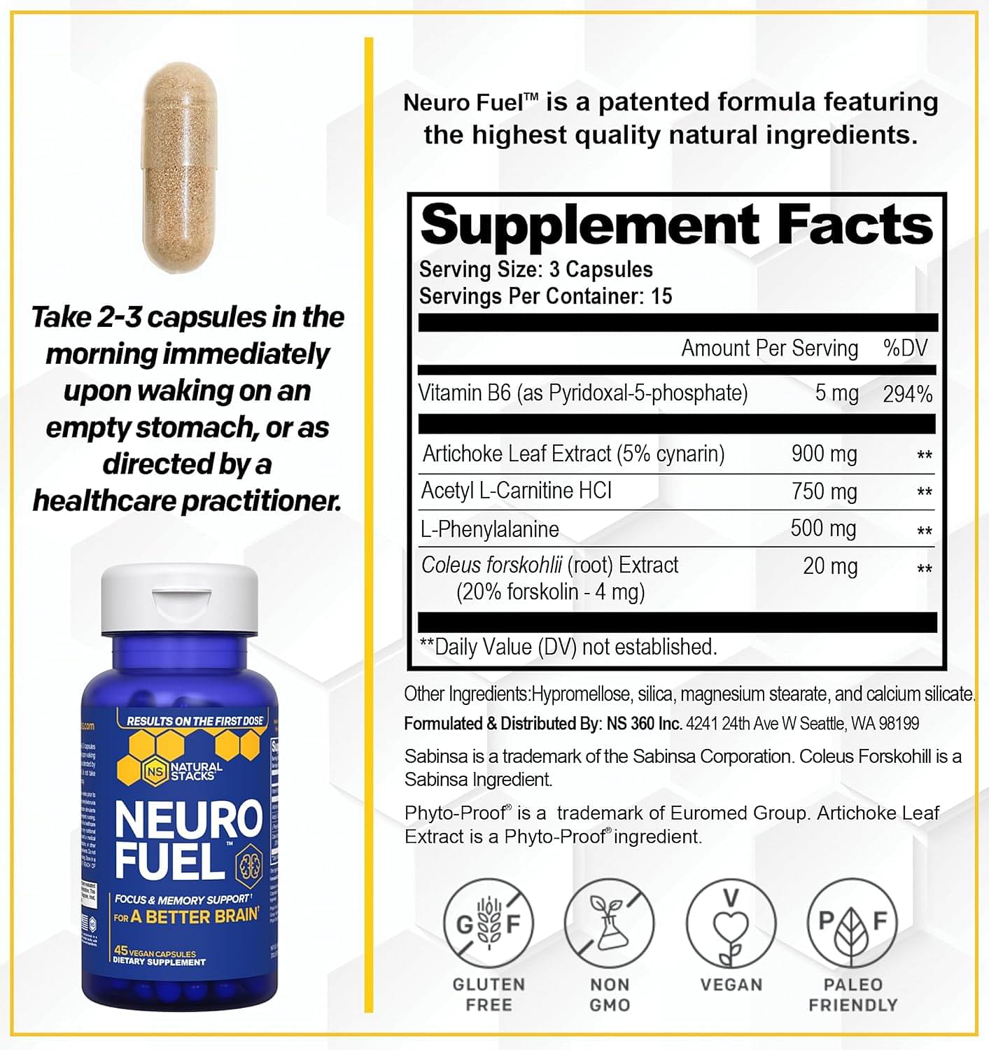 NATURAL STACKS NeuroFuel Brain Supplement & Focus Supplement - Improved Focus, Memory & Motivation - CILTEP Nootropics Brain Support Supplement Focus Pills & Energy Supplement (45ct) Capsule 45 Count (Pack of 1)