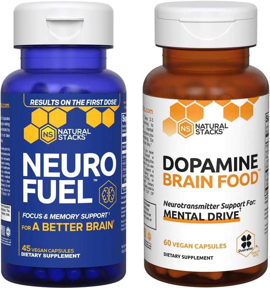 NATURAL STACKS Neurofuel Nootropic & Dopamine Brain Food Bundle - Memory, Motivation & Focus Supplements - 105 Vegan Capsules