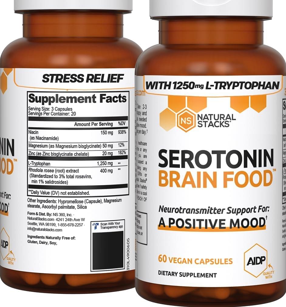 NATURAL STACKS Serotonin & GABA Brain Food Bundle - Promotes a Positive Mood & Calmness - 120 Pieces