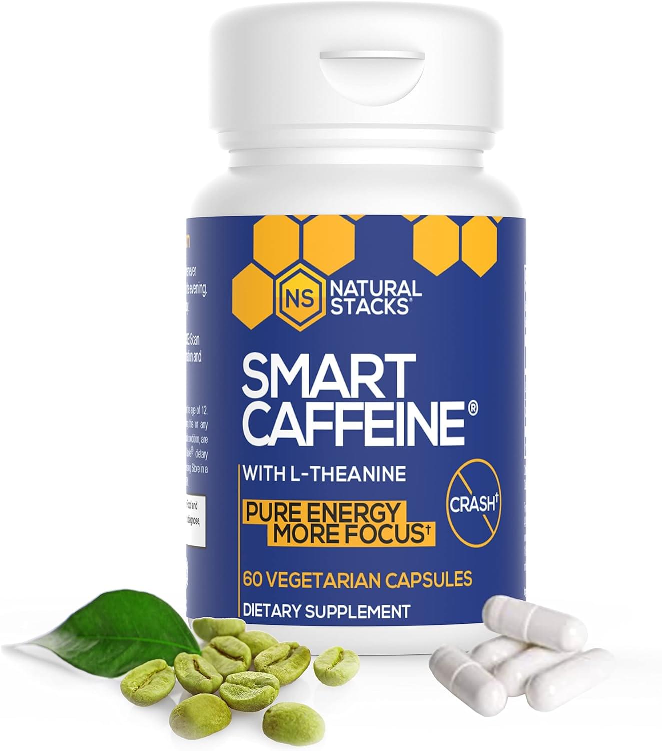 Natural Stacks Smart Caffeine Supplement 60ct - Instant Energy and Focus for Life School & Work - No Jitters and No Crash - Premium Sourced 100mg Caffeine from Coffee + 200mg L-Theanine from Green Tea