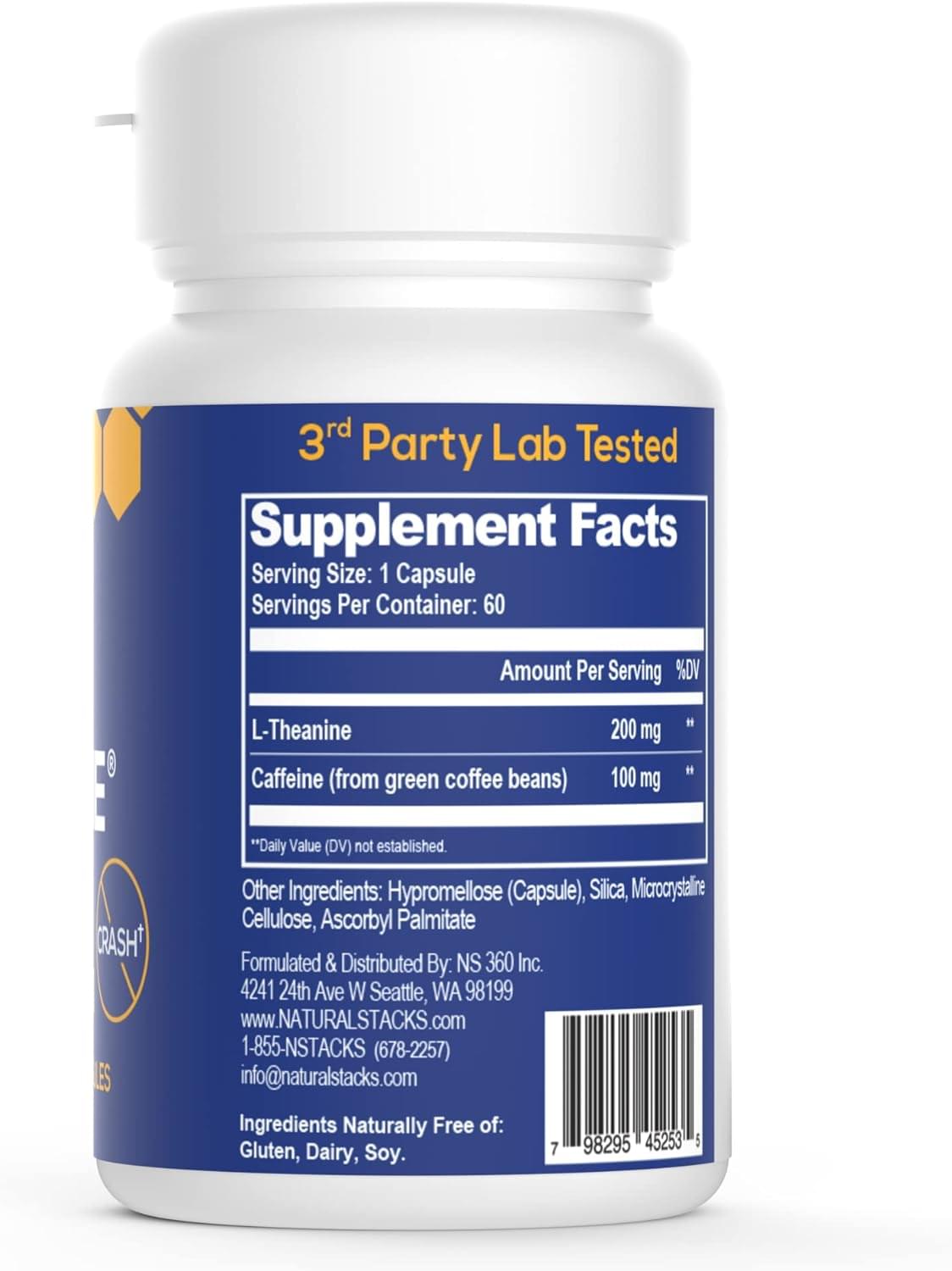 Natural Stacks Smart Caffeine Supplement 60ct - Instant Energy and Focus for Life School & Work - No Jitters and No Crash - Premium Sourced 100mg Caffeine from Coffee + 200mg L-Theanine from Green Tea