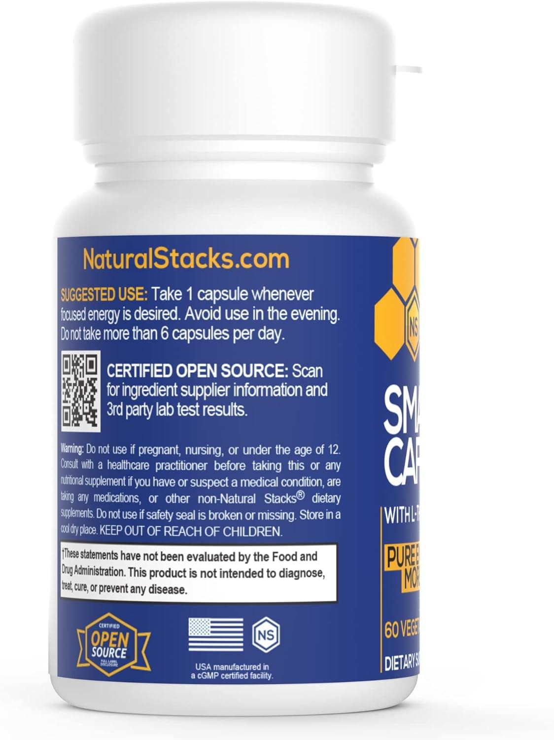Natural Stacks Smart Caffeine Supplement 60ct - Instant Energy and Focus for Life School & Work - No Jitters and No Crash - Premium Sourced 100mg Caffeine from Coffee + 200mg L-Theanine from Green Tea