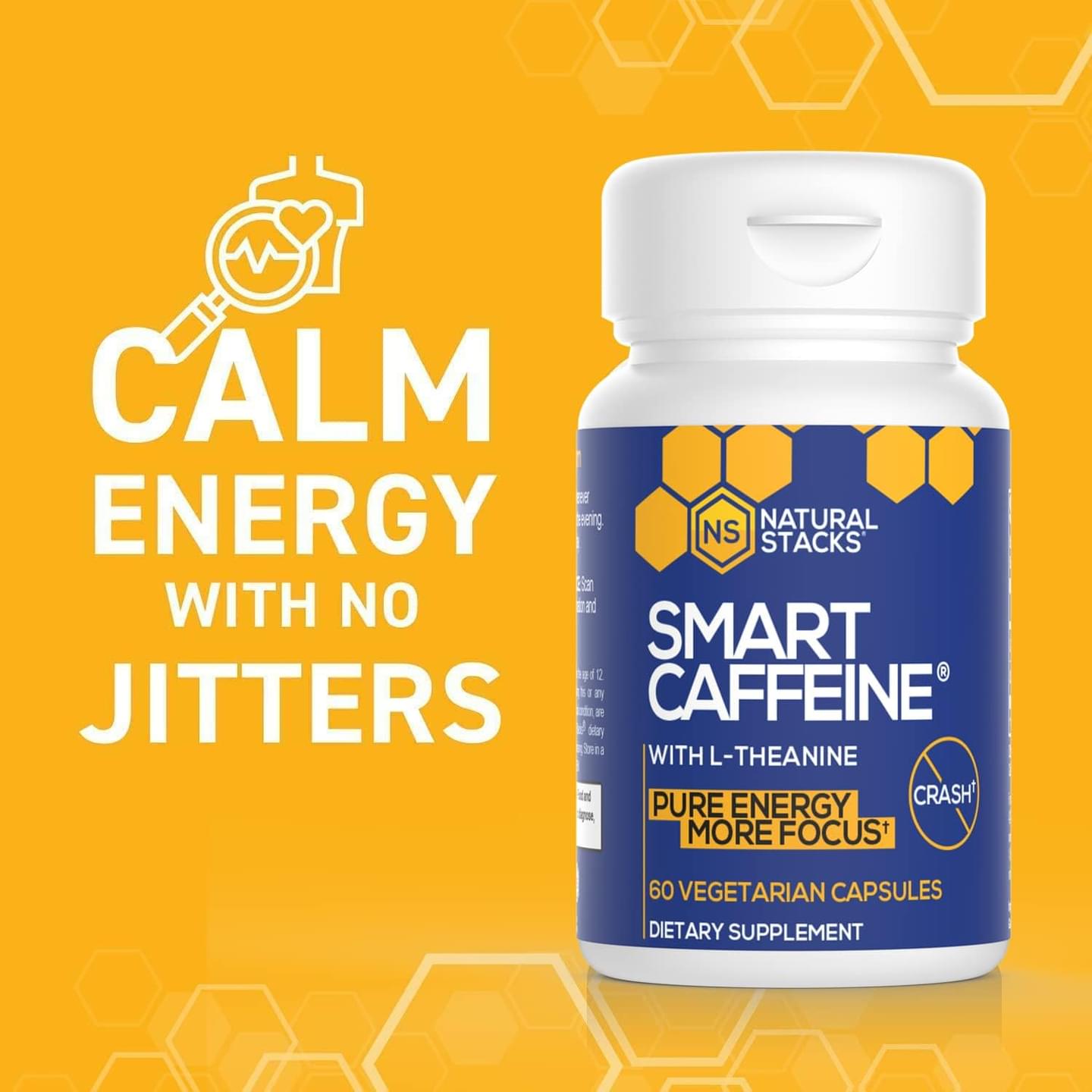 Natural Stacks Smart Caffeine Supplement 60ct - Instant Energy and Focus for Life School & Work - No Jitters and No Crash - Premium Sourced 100mg Caffeine from Coffee + 200mg L-Theanine from Green Tea