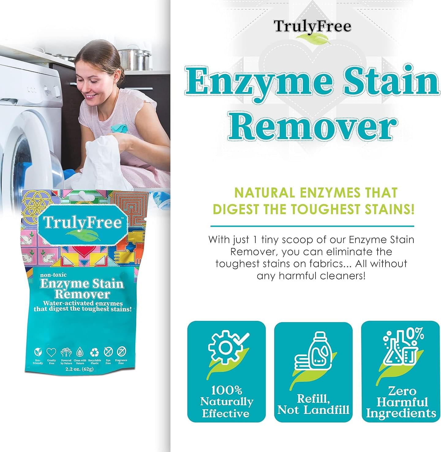 Natural Stain Remover, Water-Activated Enzymes, Breaks Down Food, Blood, Grass Stains, Pet Stains and Odor Remover (50 Scoops)