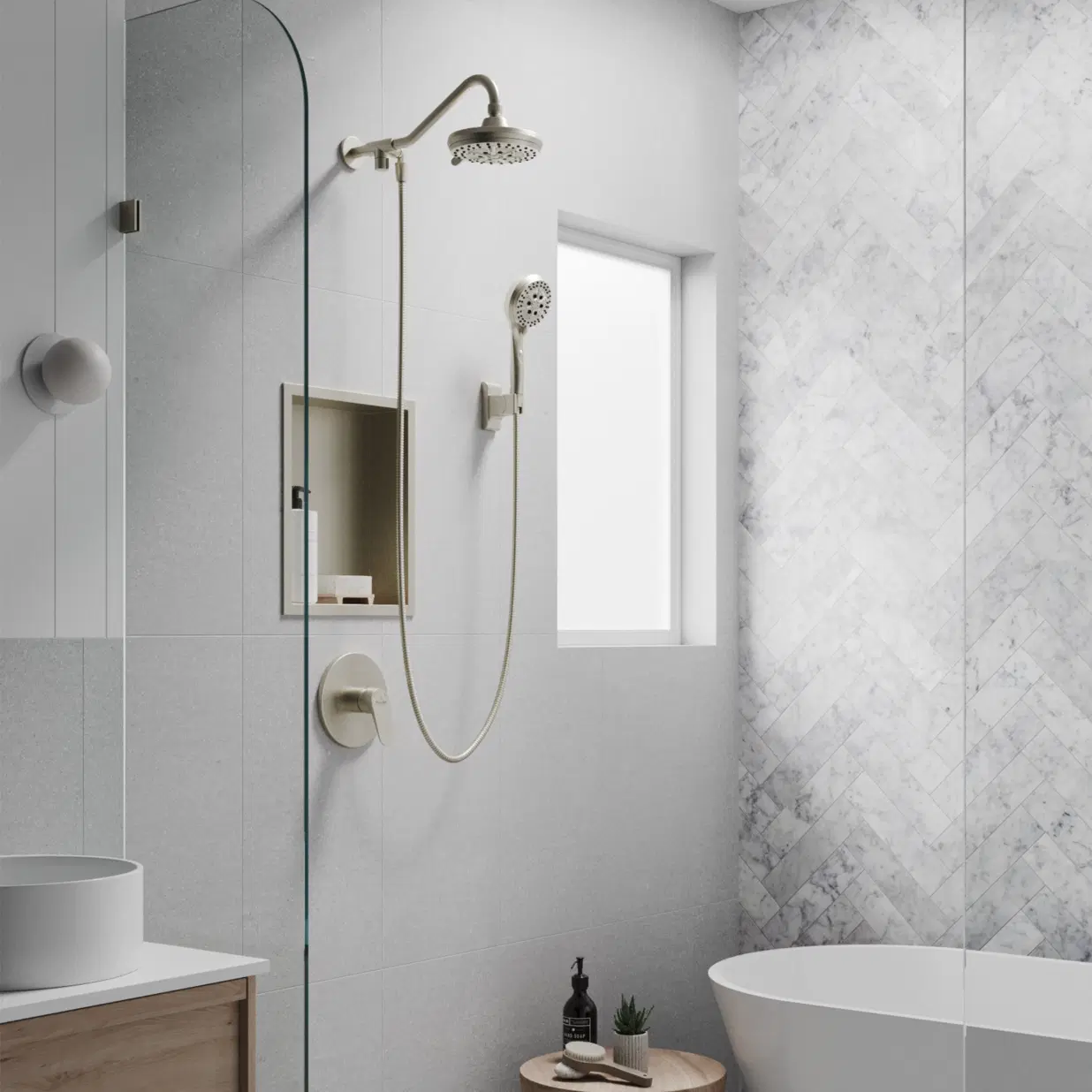 Oasis 8-in Drill-less Shower System with Multi-Function Showerhead and Handshower Brushed Nickel 1.8 GPM