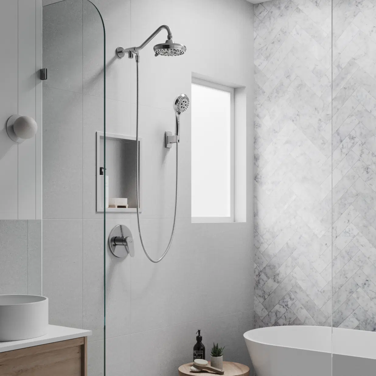 Oasis 8-in Drill-less Shower System with Multi-Function Showerhead and Handshower Chrome 1.8 GPM