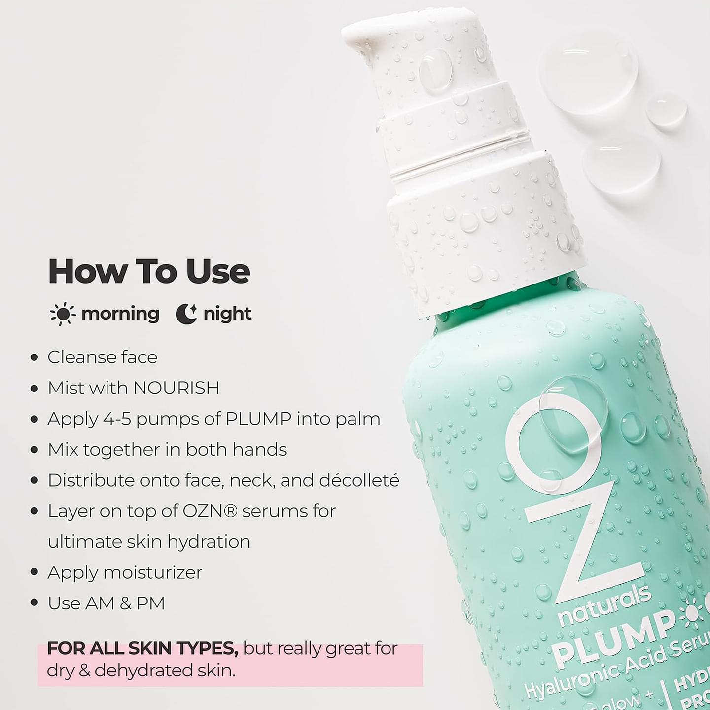 OZNATURALS PLUMP: Hyaluronic Serum - Anti-Aging Plumping Serum for Fine Lines and Dehydrated Skin with Organic Aloe + Rosehips for Intense Moisture - Daily Skincare Routine | 1oz Plump HA Serum