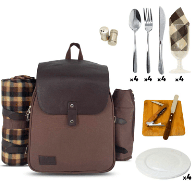 Picnic Backpack - Canvas and Faux Leather Picnic Backpack for 4 – Insulated Picnic Basket for 4 and Picnic Set - Picnic Basket w/a Fleece Picnic Blanket, Dinner Plates and Cutlery Set