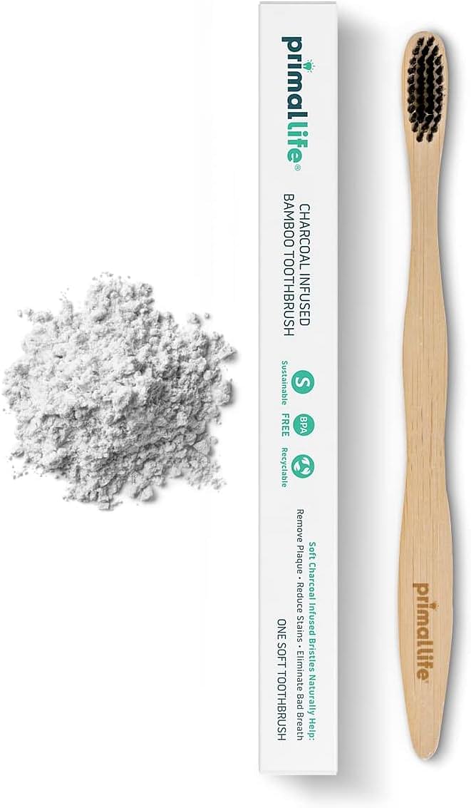 Primal Life Organics - Charcoal Toothbrush, Made with Charcoal & Bamboo, Biodegradable, BPA-Free, Perfect for Kids & Adults, Recyclable, Gently Massages Gums & Teeth, Zero Waste Toothbrush, (1-Pack)