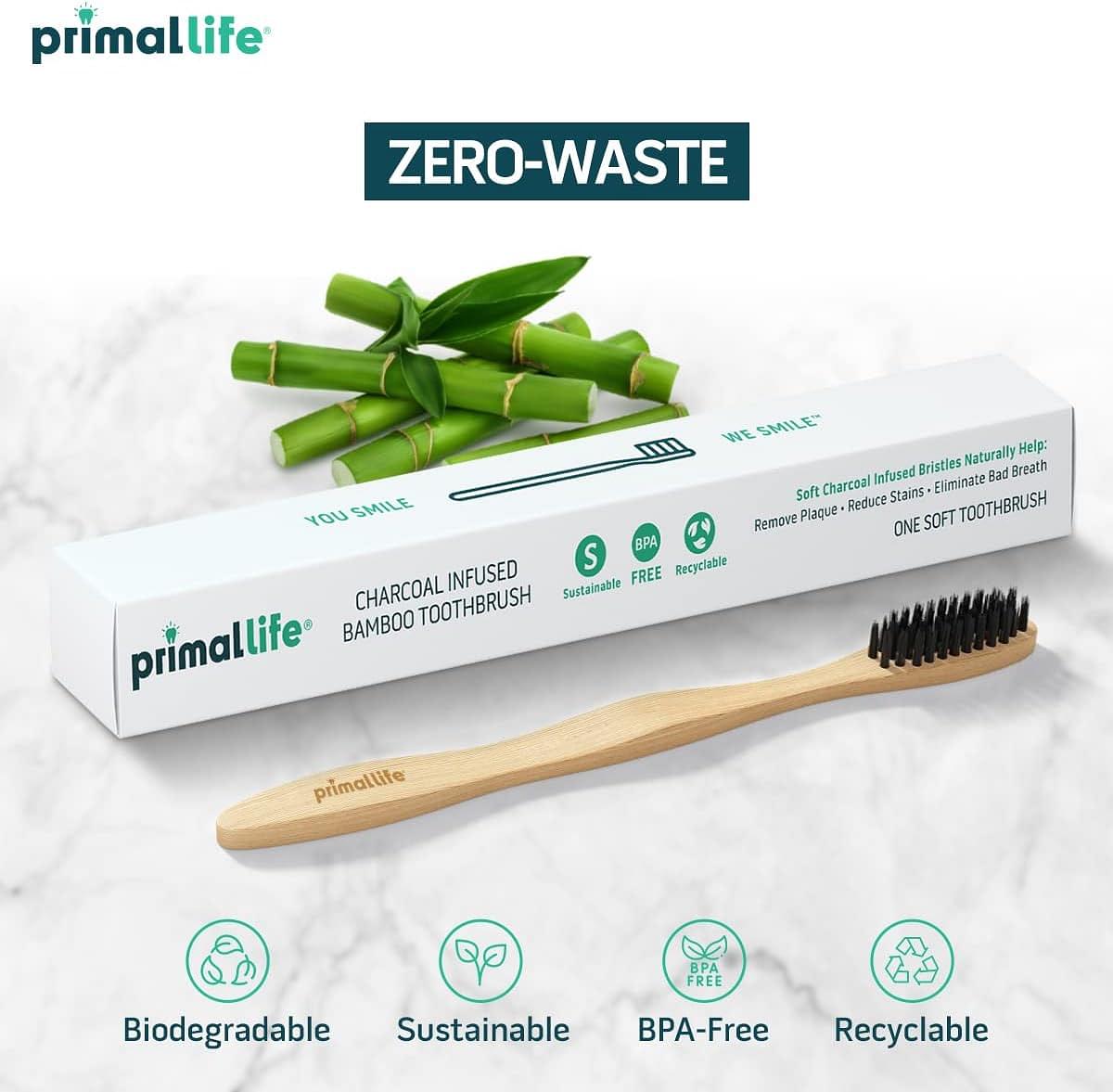 Primal Life Organics - Charcoal Toothbrush, Made with Charcoal & Bamboo, Biodegradable, BPA-Free, Perfect for Kids & Adults, Recyclable, Gently Massages Gums & Teeth, Zero Waste Toothbrush, (1-Pack)