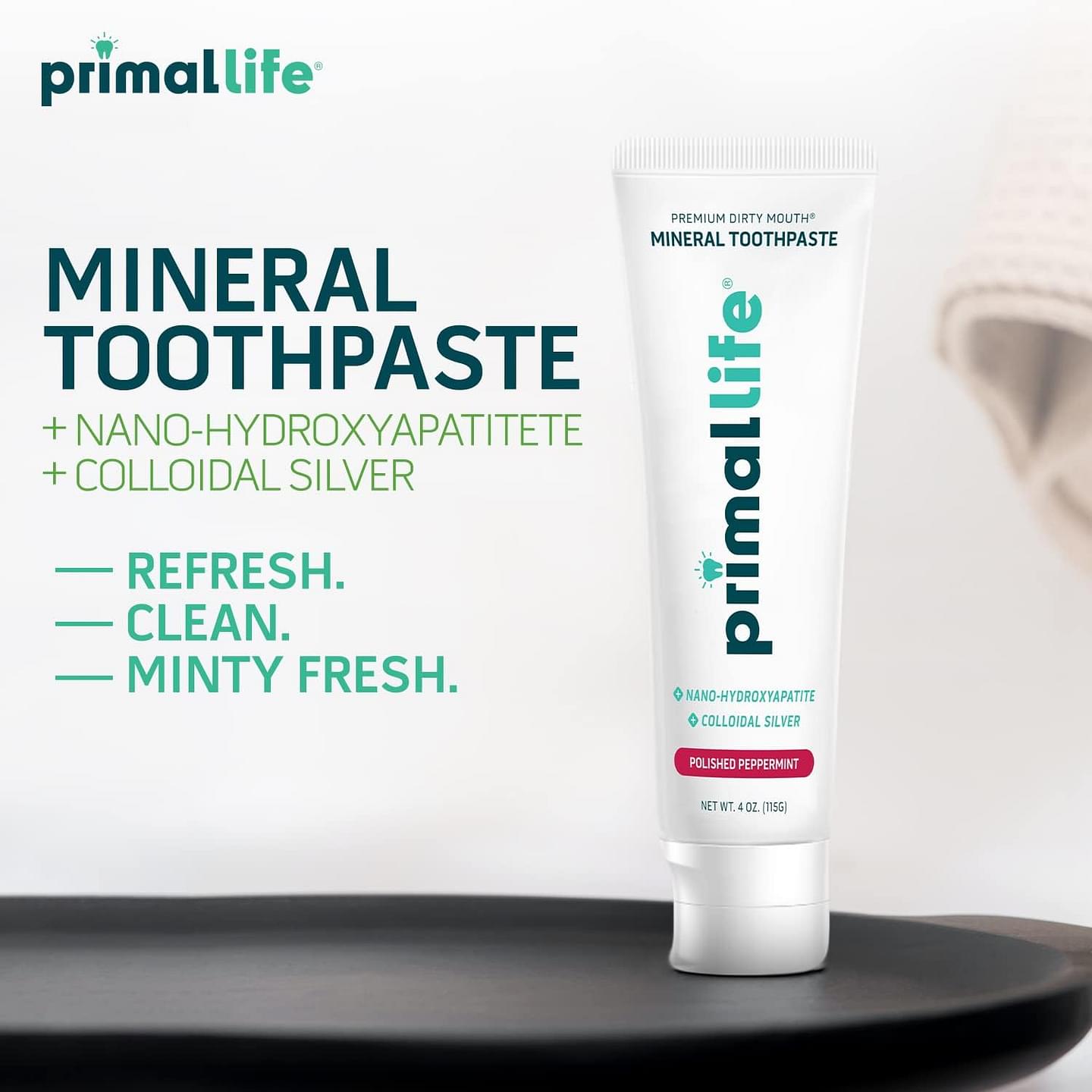 Primal Life Organics - Dirty Mouth Natural Alkalizing Toothpaste, Hydroxyapatite, Flavored Essential Oils, Natural Kaolin, Bentonite Clay, Colloidal Silver, Organic, Vegan (Peppermint Flavor, 4oz) Peppermint 4 Ounce (Pack of 1)