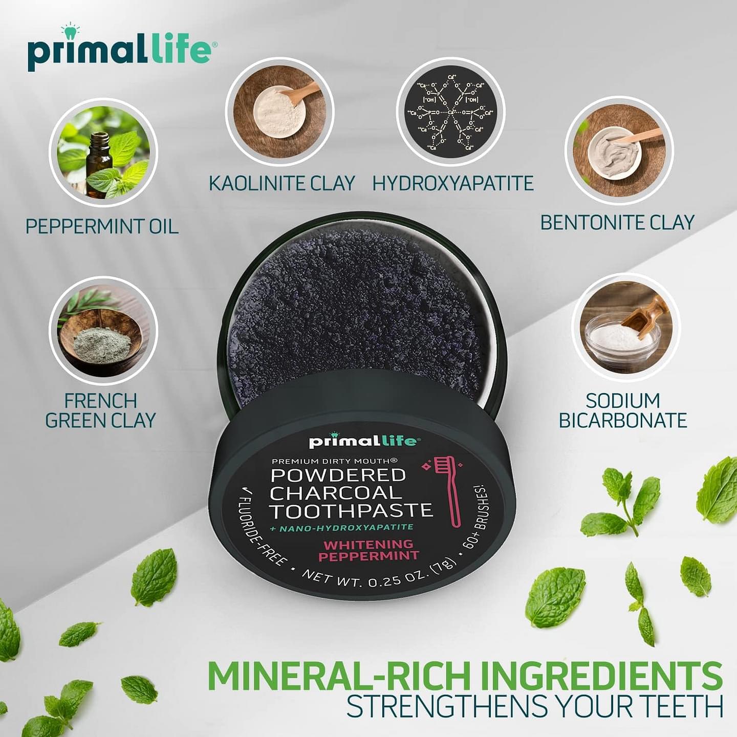 Primal Life Organics -Dirty Mouth Toothpowder, Activated Charcoal Tooth Cleaning Powder, Essential Oils, Hydroxyapatite, Kaolin, Bentonite Clay, 60+ Brushings, Organic, Vegan Black Peppermint 0.25oz