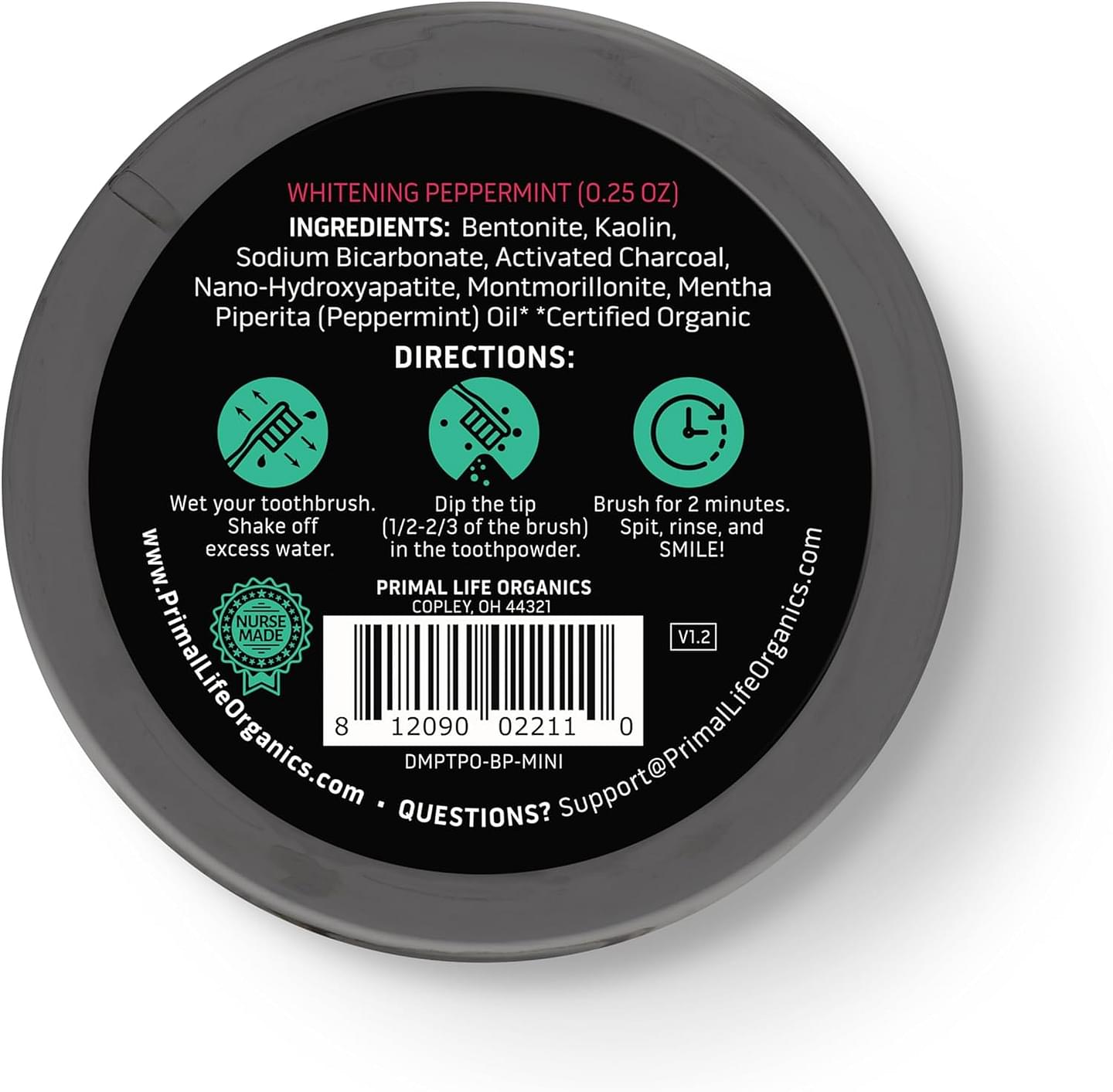 Primal Life Organics -Dirty Mouth Toothpowder, Activated Charcoal Tooth Cleaning Powder, Essential Oils, Hydroxyapatite, Kaolin, Bentonite Clay, 60+ Brushings, Organic, Vegan Black Peppermint 0.25oz