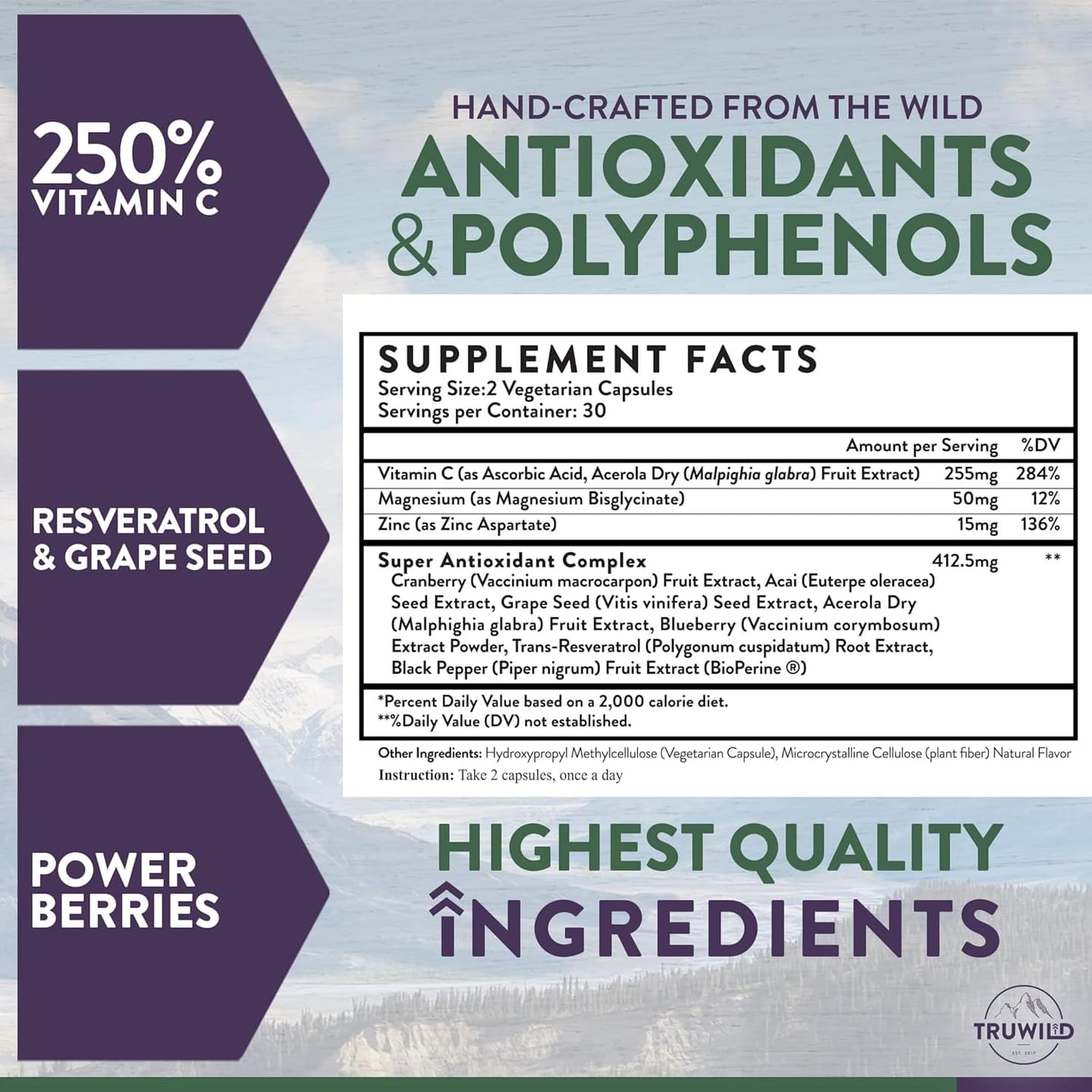Protect+ Vegan Immune Support & Antioxidant – All Natural Vitamin C + Zinc + Magnesium + Resveratrol + Acai – Non-GMO – Gluten Free Capsule Supplement Made in The USA cGMP – 30 Servings
