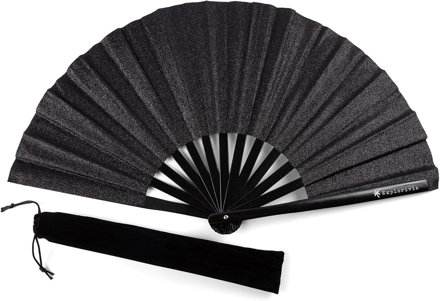 Rave Fan | Lightweight & Water Resistant foldable fan | 13in festival fan | Durable Clack Fan w/Velvet Drawstring rave fans Storage bag | Black Glitter Women's Foldable Hand Fan Polyester Black Glitter