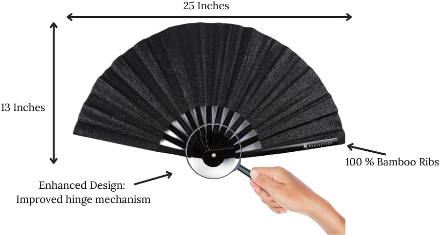 Rave Fan | Lightweight & Water Resistant foldable fan | 13in festival fan | Durable Clack Fan w/Velvet Drawstring rave fans Storage bag | Black Glitter Women's Foldable Hand Fan Polyester Black Glitter