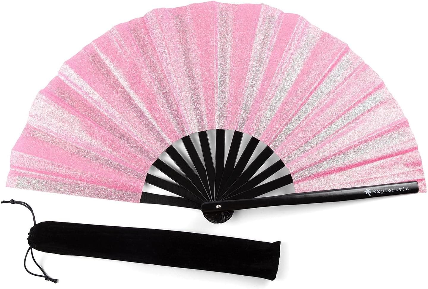 Rave Fan | Lightweight & Water Resistant foldable fan | 13in festival fan | Durable Clack Fan w/Velvet Drawstring rave fans Storage bag | Pink Glitter Women's Foldable Hand Fan Polyester Pink Glitter