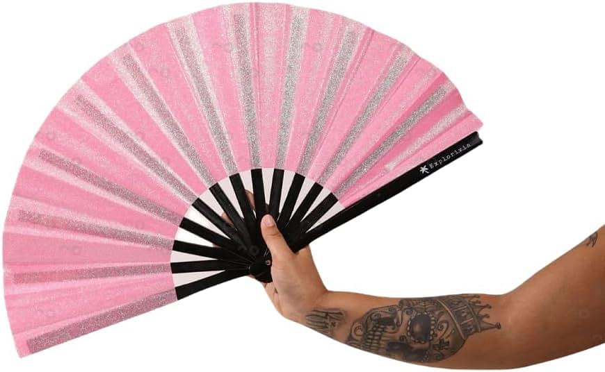 Rave Fan | Lightweight & Water Resistant foldable fan | 13in festival fan | Durable Clack Fan w/Velvet Drawstring rave fans Storage bag | Pink Glitter Women's Foldable Hand Fan Polyester Pink Glitter