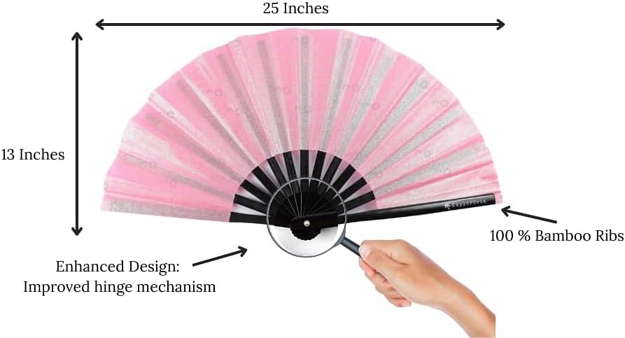 Rave Fan | Lightweight & Water Resistant foldable fan | 13in festival fan | Durable Clack Fan w/Velvet Drawstring rave fans Storage bag | Pink Glitter Women's Foldable Hand Fan Polyester Pink Glitter