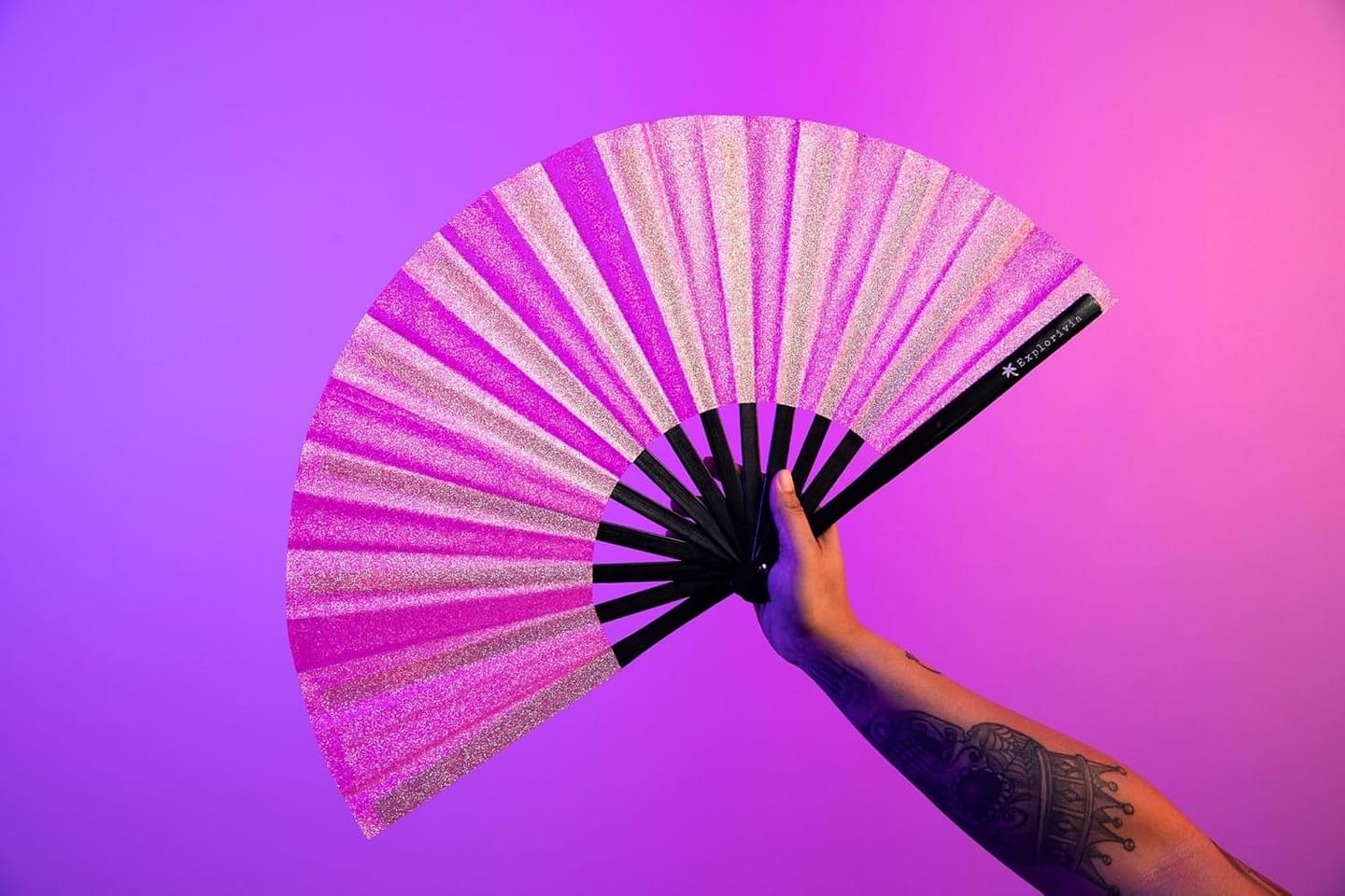 Rave Fan | Lightweight & Water Resistant foldable fan | 13in festival fan | Durable Clack Fan w/Velvet Drawstring rave fans Storage bag | Pink Glitter Women's Foldable Hand Fan Polyester Pink Glitter