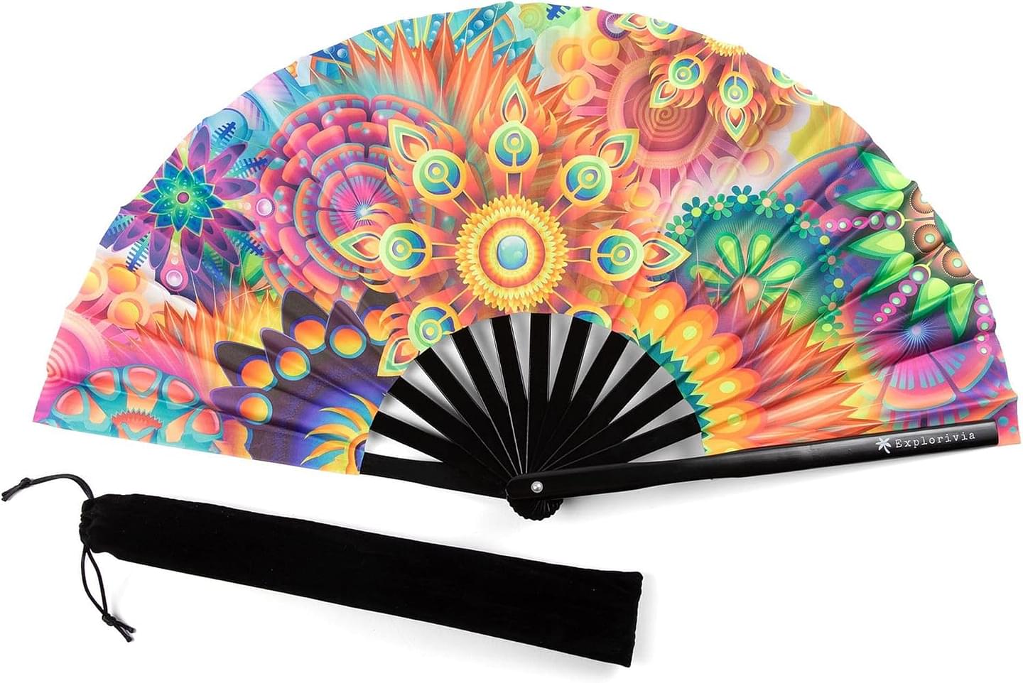 Rave Fan | Lightweight & Water Resistant foldable fan | 13in festival fan | Durable Clack Fan w/Velvet Drawstring rave fans Storage bag | UV Lush Tropical Women's Foldable Hand Fan Polyester Uv Lush Tropical