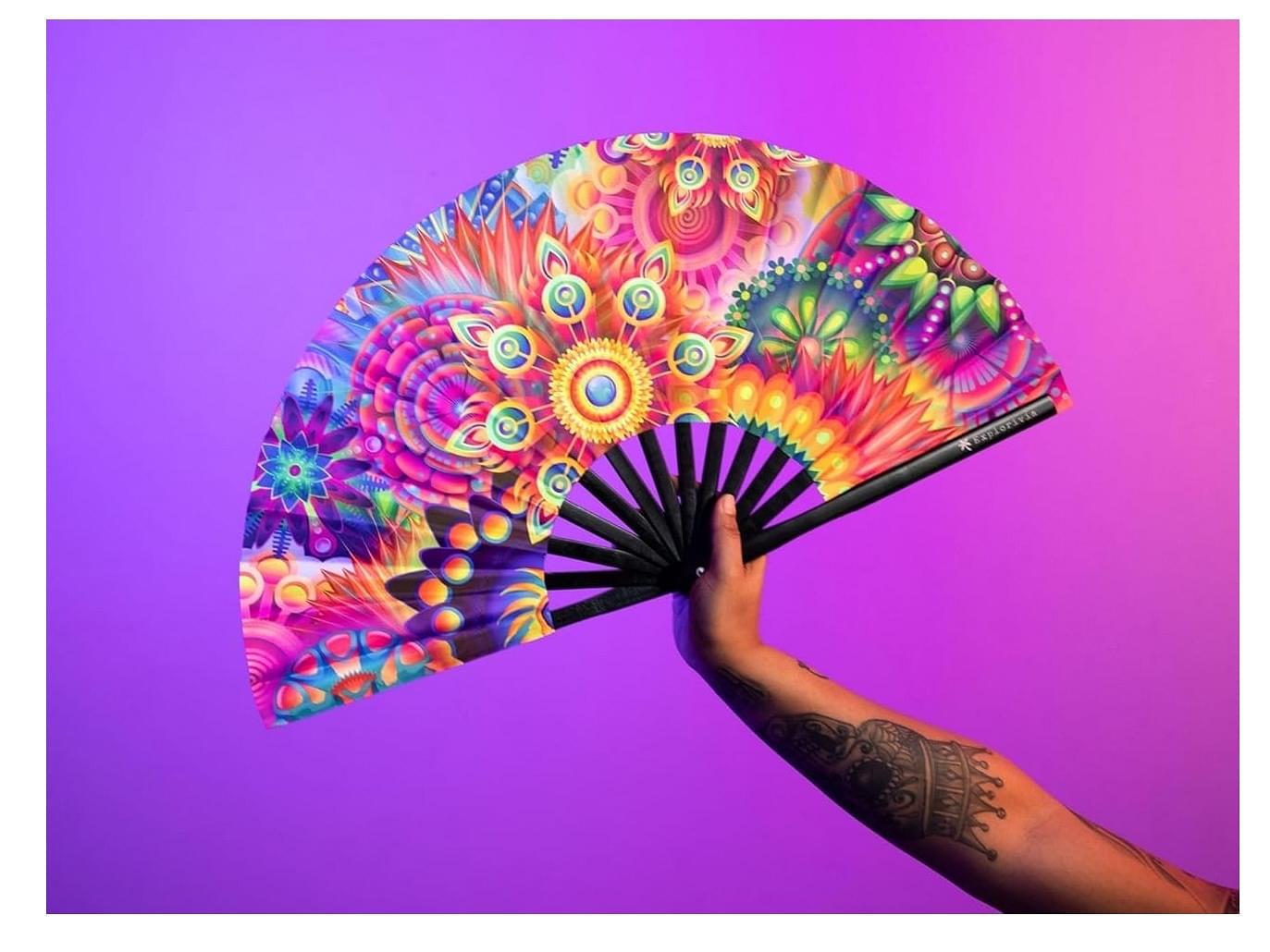 Rave-Fan-|-Lightweight-Water-Resistant-foldable-fan-|-13in-festival-fanl-UV-Lush-Tropical-|-Durable-Clack-Fan-w/Velvet-Drawstring-rave-fans-Storage-bag-|-UV-Lush-Tropical-Women-s-Foldable-Hand-Fan-Polyester-Uv-Lush-Tropical